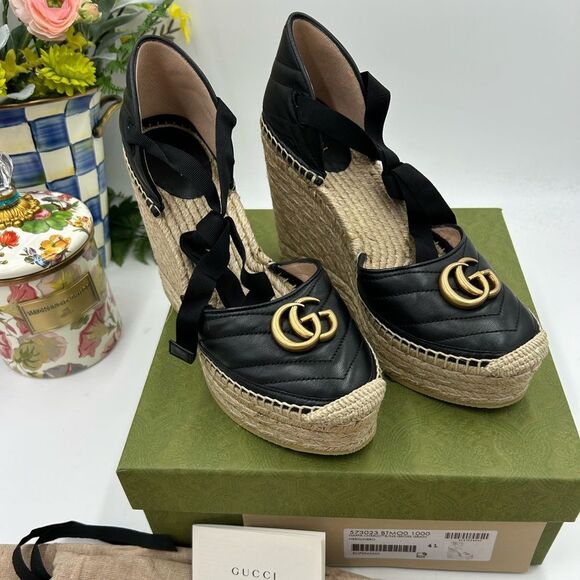 Women's Gucci GG wedge ankle tie  Espadrilles size 41 made in - Picture 1 of 11